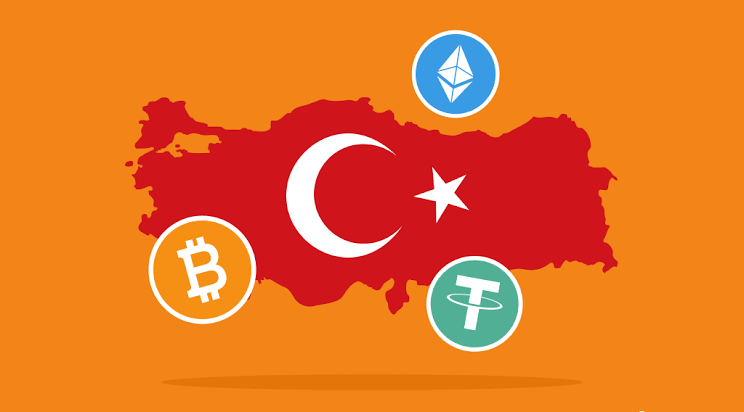 Türkiye haritası üzerinde Bitcoin, Ethereum ve USDT sembolleri — Türkiye kripto piyasası illüstrasyonu